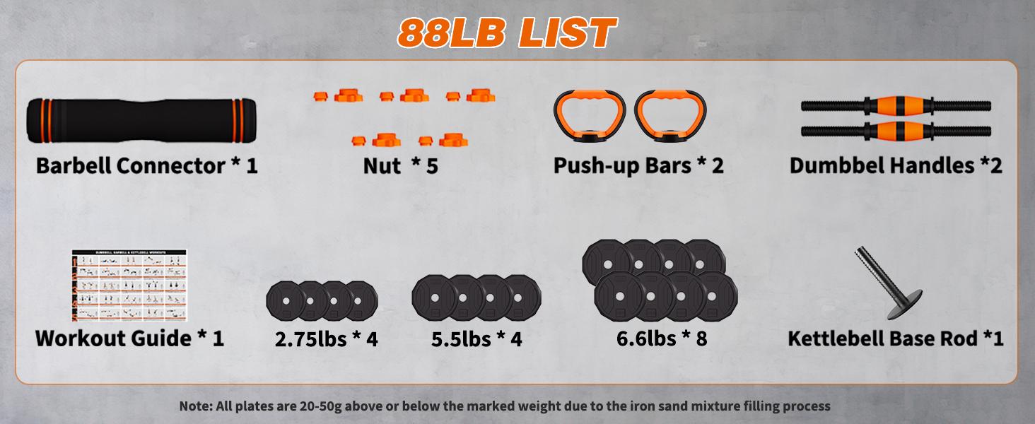 Adjustable Dumbbell Set, 44/66/88 lbs Weight Set Use as Dumbbell, Barbell, Kettlebell and Push-up Pesas Para Ejercicios en Casa, Christmas gift idea Msulti-functional Fitness Exercise Equipment for Home Gym，