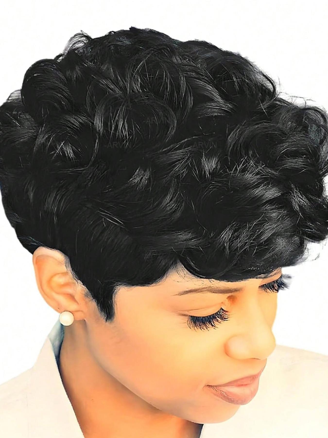 Short Pixie Wigs Short Black Curly Pixie Wigs Synthetic Hair Wigs Natural Wavy Black Burgundy grey Pixie Cut Wig Short Curly Layered Pixie Wig Stylist Friendly Wig