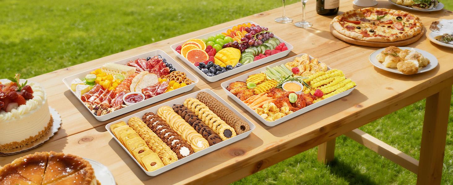 Serving Tray for Party Supplies, Reusable Serving Platter for Catering, Snack, Fruit, Charcuterie, Appetizer, Plastic Food Trays, Hosting Essentials, BPA Free, White, 4 Pcs