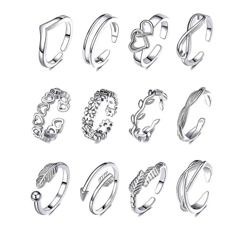 12pcs Foot Open Adjustable Toe Rings Pattern Alloy Adjustable Rings Set For Women Beach Foot Jewelry 12 Piece Set