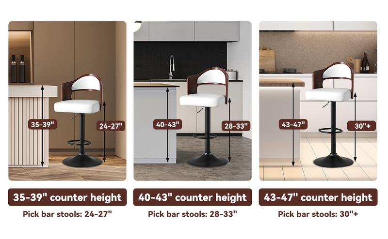 Swivel Bar Stools Set of 1/2 Seat Adjustable Height 24.5-33.5IN, Wooden Barstools PU Leather Upholstered Bar Chairs with Back & Footrest for Bar Kitchen Dining Room