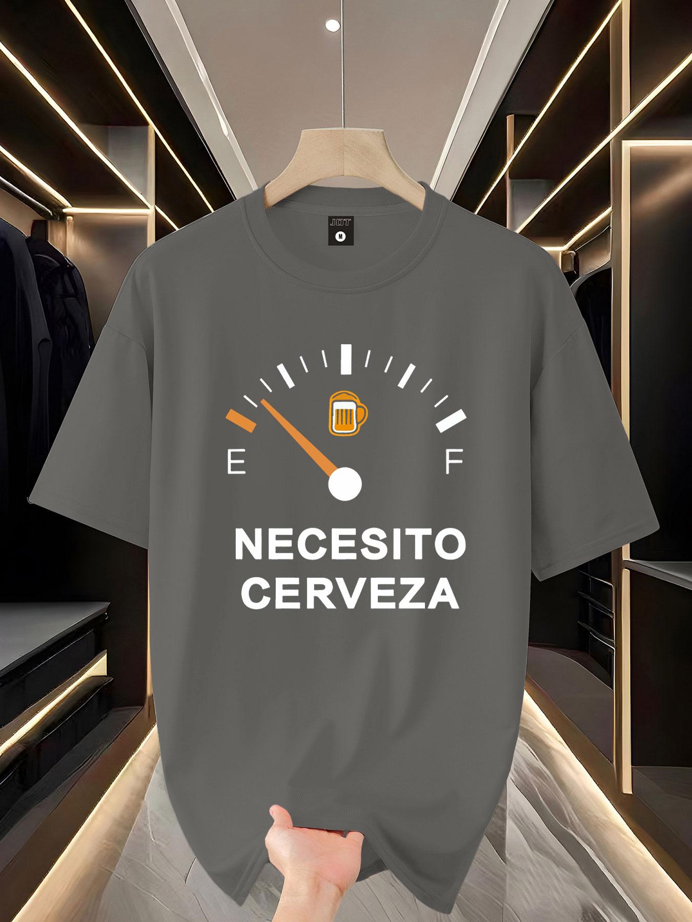 Funny Beer-Themed Short Sleeve T-Shirt, Fun Design with Spanish Text & Gas Gauge Graphic, Perfect for Casual Wear