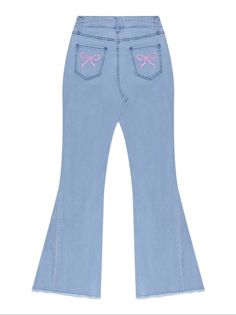 Women's Bowknot Embroidery Jeans High Waist Y2k Stretch Flare Denim Jeans Bell Bottom