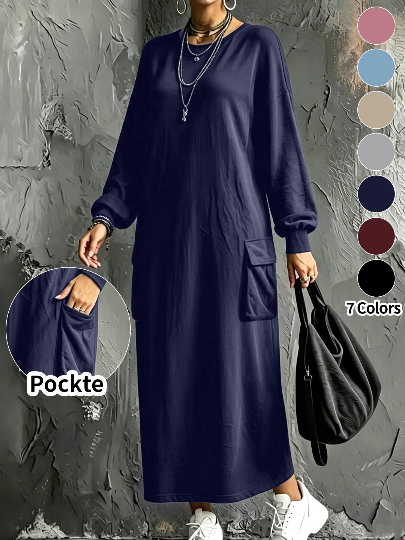 Plus Size Women's Casual Workwear Pocket Sweatshirt Dress, Long Sleeve Hiding Belly Lazy Girl Dress, Daily Home Outdoor Wear Basic