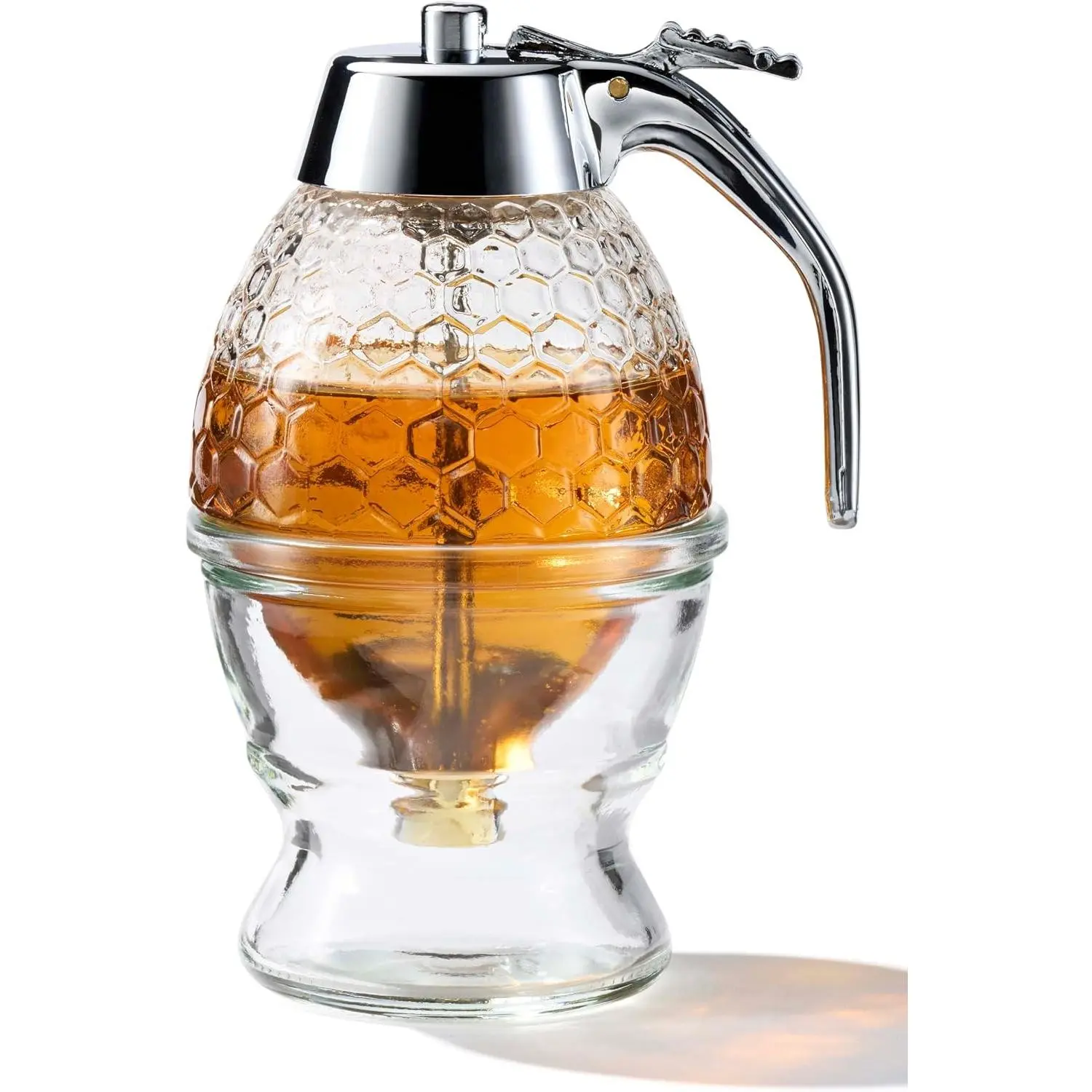 Stainless Steel Shaft Honey and Maple Syrup Dispenser - No Drip Glass Honeycomb Jar with Stand, 8 oz Syrup Pot, Silver Plastic Top