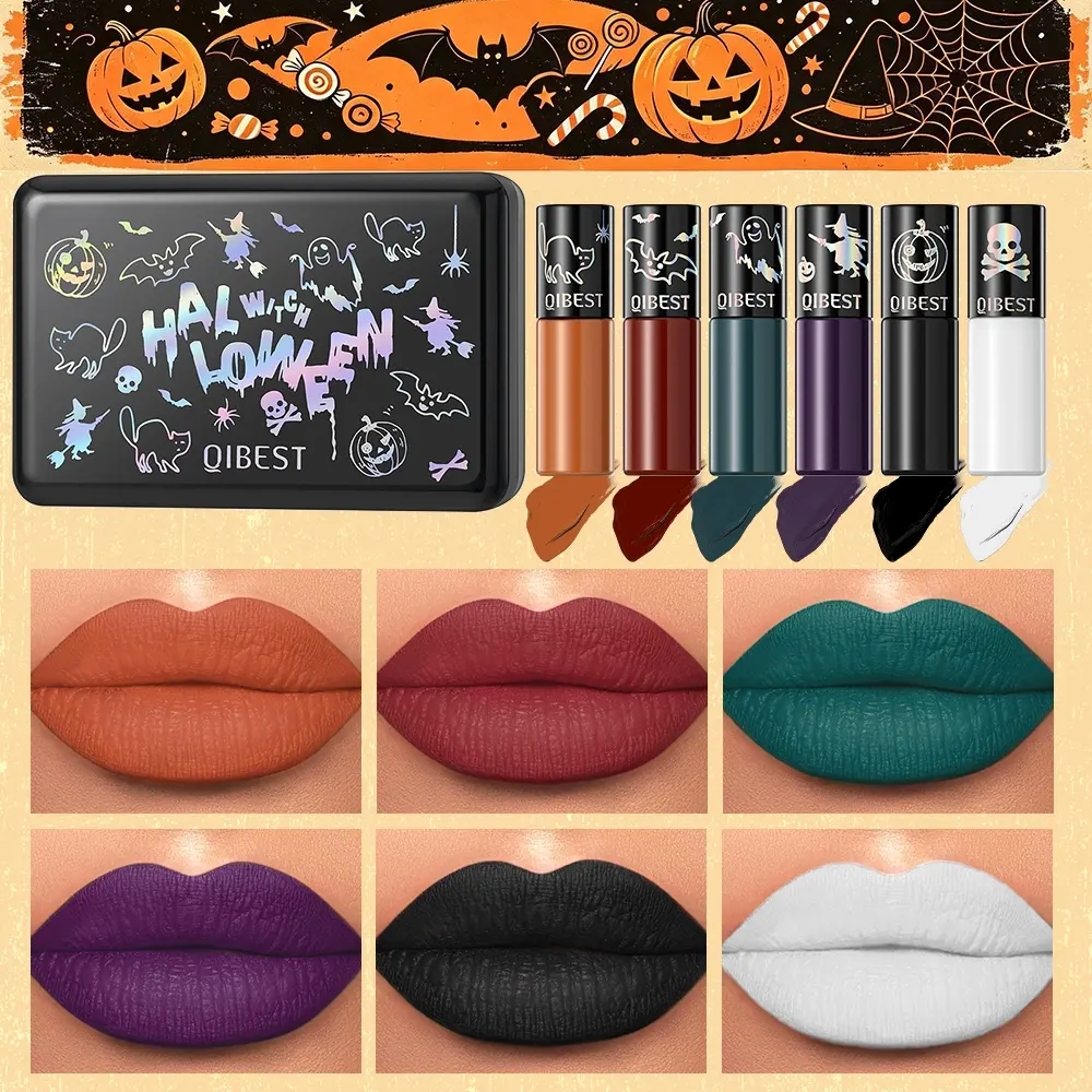 Halloween Matte Liquid Lipstick Set 6 Colors Long Lasting Waterproof Velvet Lip Gloss Kit Dark Goth Black White Orange Purple Teal Lip Makeup for Halloween Cosplay Party