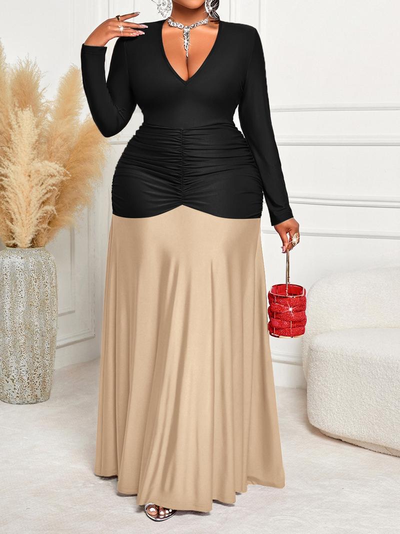 Plus Size Elegant Slim-Fitting Long Sleeve Maxi Dress, High Waist Ruched Bodycon Dress for All Seasons, Perfect for Valentine's Day and Special Occasions
