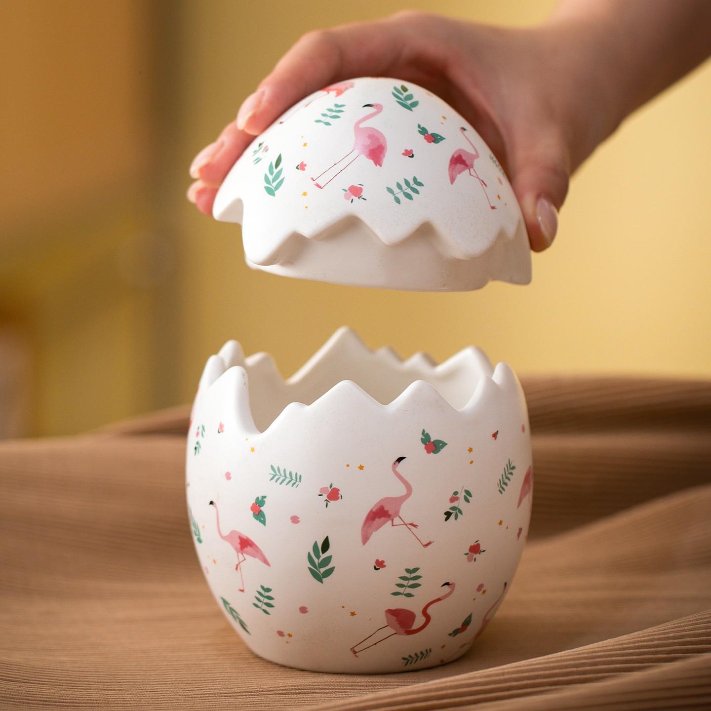 Hand-Painted Ceramic Easter Egg Cookie Jar, Decorative Flamingo Bird Pattern Candy Container, Spring Holiday Kitchen Storage, Home Decoration Gift