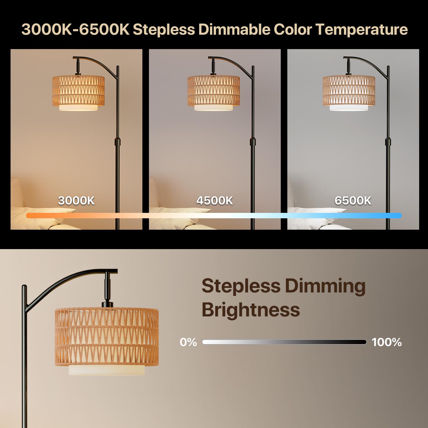 GLITGATE RGB Dimmable Y Floor Lamp with Remote Control, Bohemian Floor Lamp with 3 CCT,Farmhouse Floor Lamps with Rattan Shades, Mid century modern floor lamp, Adjustable Tall Lamp for Bedroom, Office for living room,bedroom