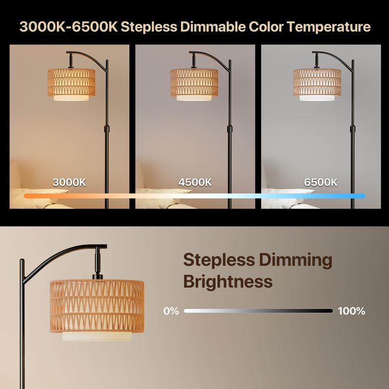 GLITGATE RGB Dimmable Y Floor Lamp with Remote Control, Bohemian Floor Lamp with 3 CCT,Farmhouse Floor Lamps with Rattan Shades, Mid century modern floor lamp, Adjustable Tall Lamp for Bedroom, Office for living room,bedroom