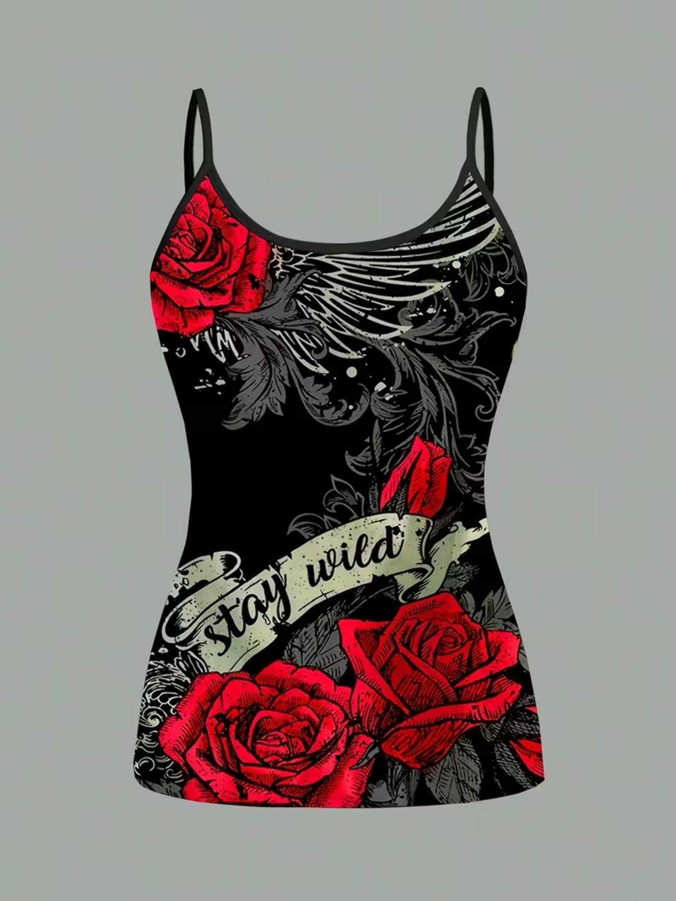 Gothic Rose Wing Print Strappy Set, Summer Home Sleepwear, Casual Sleeveless Slim-Fit Top, All over Print, Four-Piece