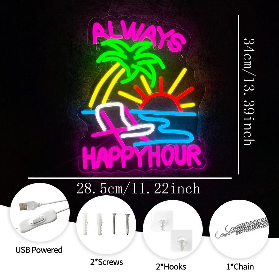 Always Happy Hour Neon Sign, Beach Neon Signs for Wall Decor, Palm Tree Led Light Up Signs for Bedroom Bar Club Pub Man Cave Restaurant Party Decorations