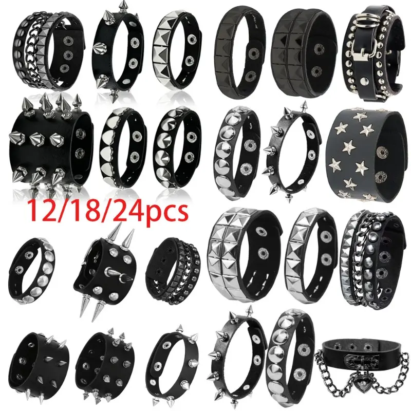 Set of 12/18/24Pcs Mixed PU Leather Punk Bracelets - Studded Street-Style Men's Bracelets - Rock Concert, Halloween and Christmas Gift Accessories