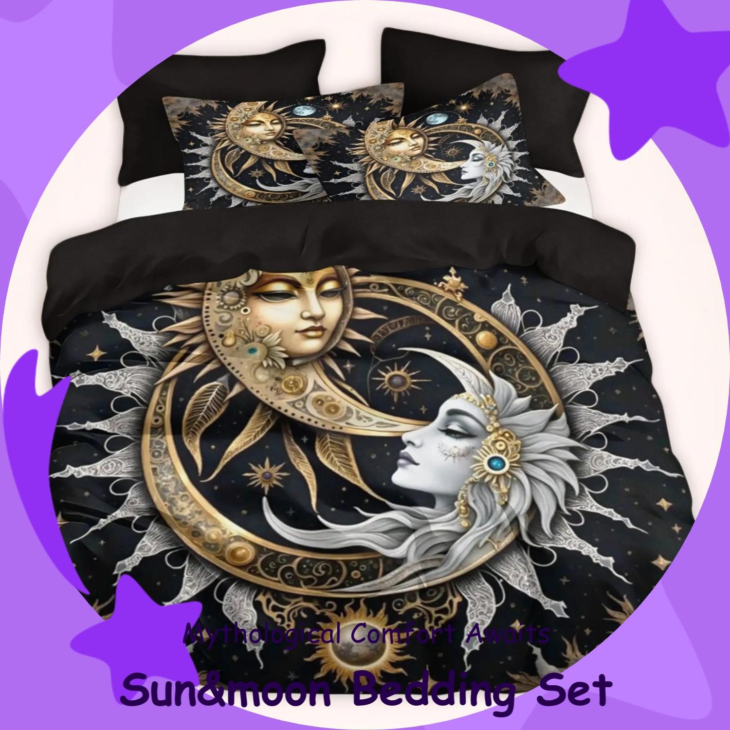 3pcs Sun & Moon Goddess Mythology Decorative Bedding Set, Duvet Cover + 2 Pillowcases, Polyester, Perfect for Mystical Bedroom & Hotel Decor