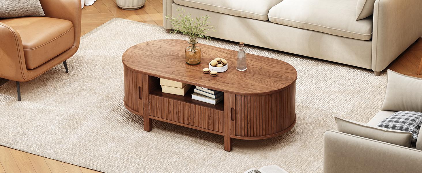 【SPOTLIGHT DAY】ONBRILL 47.2 Inch Oval Coffee Table with Storage, Mid Century Modern Coffee Table with Drawer, Center Table with Sliding Door and Wood Fluted Handle for Living Room 【SPOTLIGHT DAY】ONBRILL 47.2 Inch Oval Coffee Table with Storage, Mid Century Modern Coffee Table with Drawer, Center Table with Sliding Door and Wood Fluted Handle for Living Room