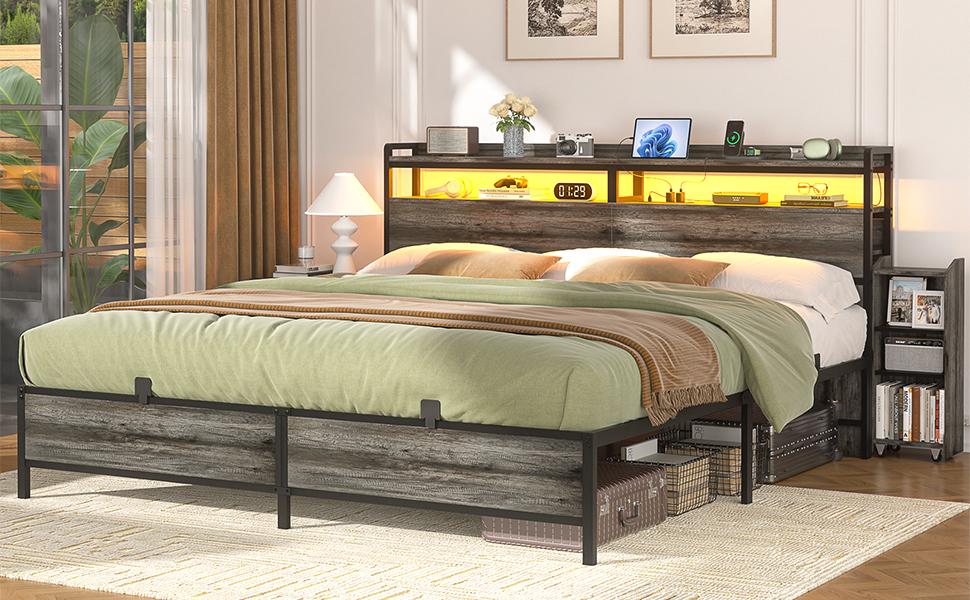 Homieasy King Size Bed Frame with Bookcase Storage Headboard and LED Light, King Bed with Slide Out Bedside Cabinet and Power Outlet, Black Oak