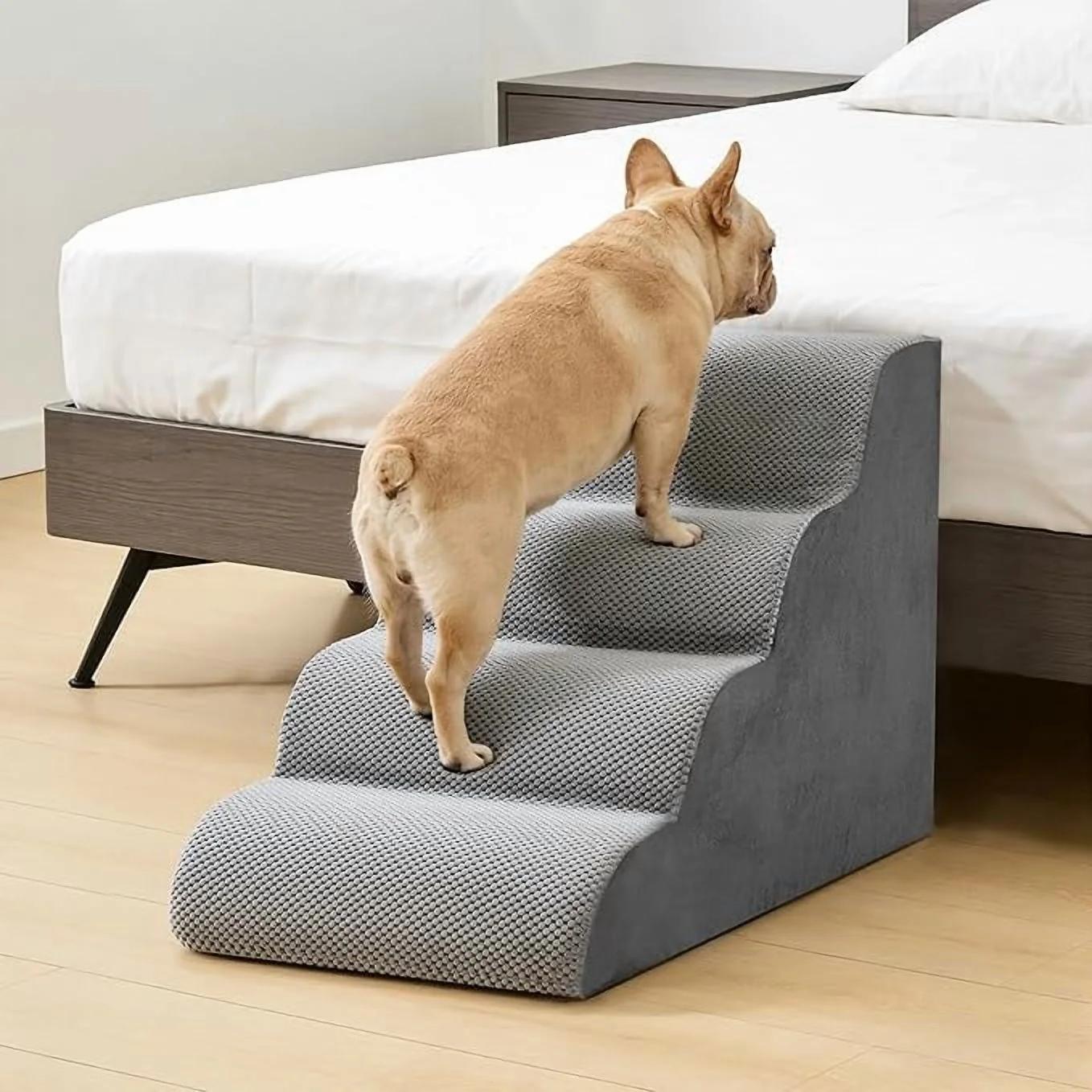 5-Step High-Density Foam Curved Pet Stairs, Non-Slip Dog Steps & Ramp for Small Dogs/Cats, Soft Washable Cover, Gentle Incline Design to Protect Joints, Ideal for Accessing Beds, Couches & High Surfaces
