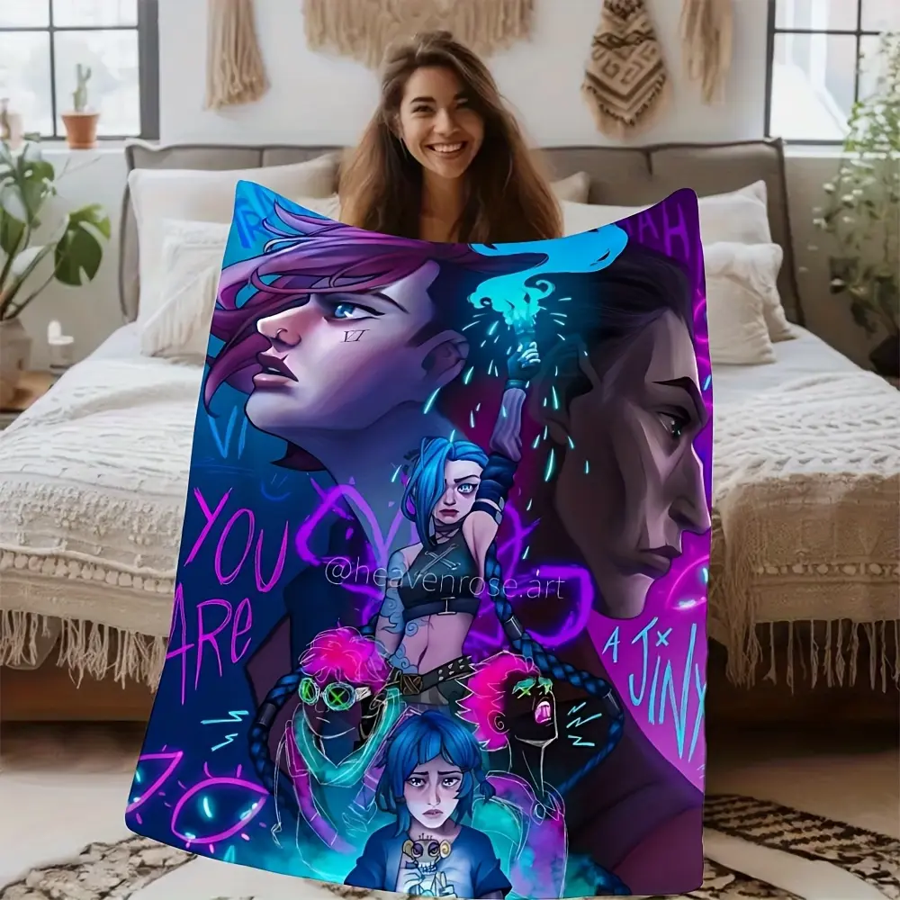 Purple Blue Neon Arcane Blanket Jinx Vi Silco Flannel Throw Blanket Lightweight Bed Rug League of Legends Arcane Fan Gift Home Decoration