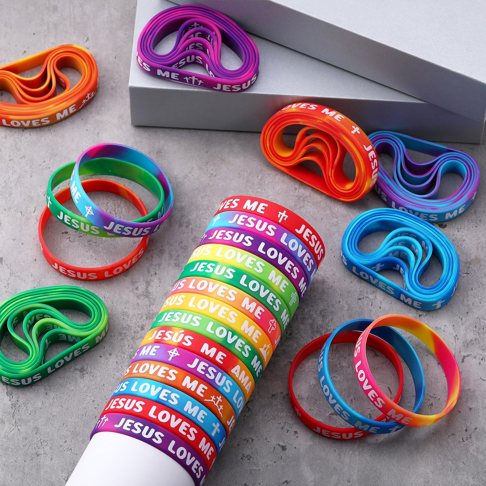 Easter Jesus Loves Me Bracelets Christian Gifts for Women Men Youth Group Religious Gift Rainbow Stretch Silicone Faith Bracelets Motivational Rubber Wristband for Easter Basket Stuffers Easter Egg Filllers Church Sunday School Prizes Easter Party Favors