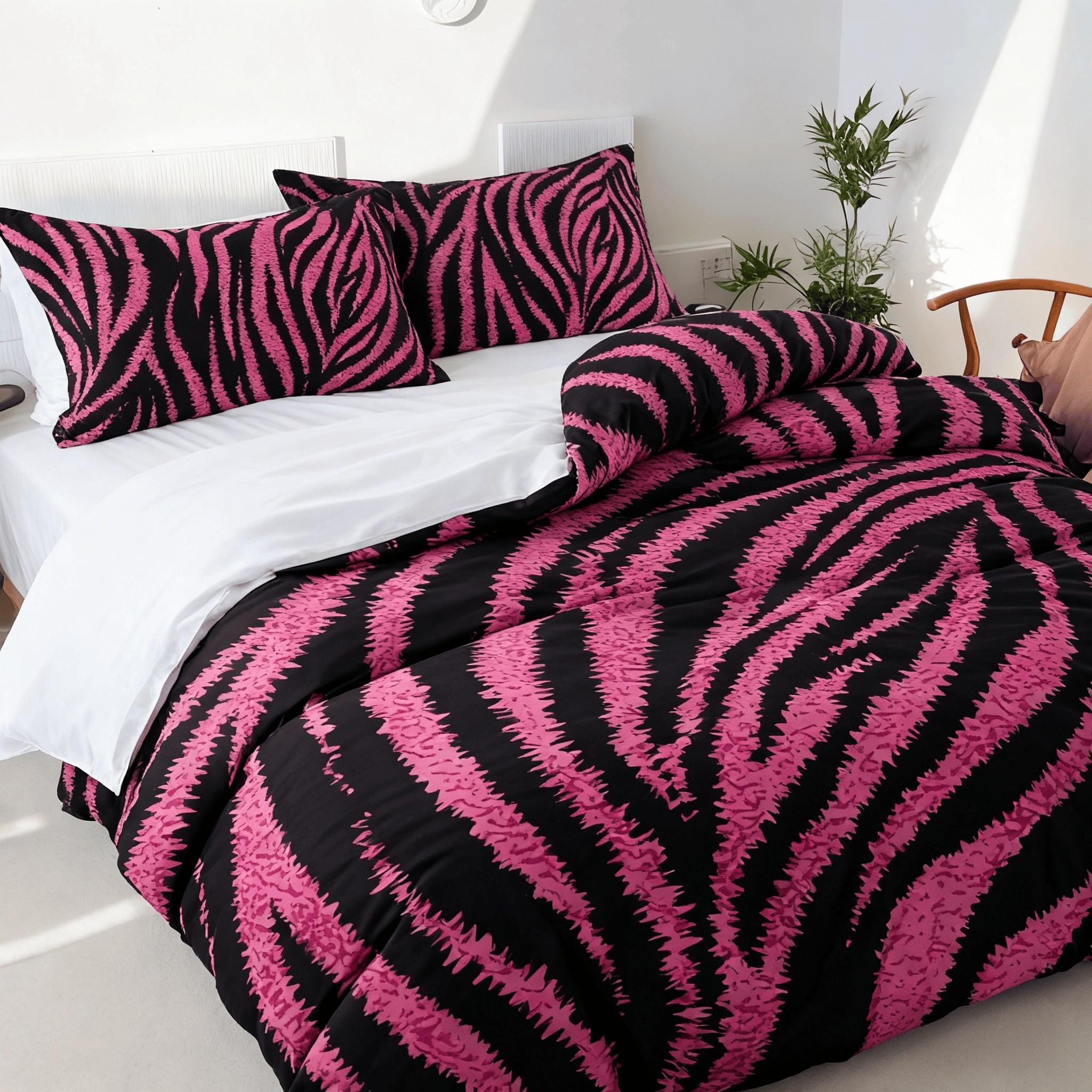 3Pcs Pink Zebra‑Print Duvet Cover Set, 1 Duvet Cover + 2 Pillowcases, No Inserts, Zipper Closure for Easy Removal & Washing, Soft Comfortable Fabric, Stylish Bedroom Decor, Perfect Gift Choice