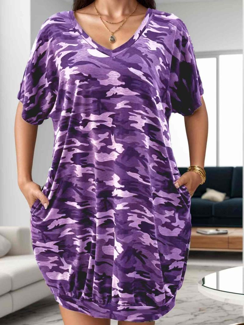 Plus Size Camo Print Pocket Tee Dress, Casual V Neck Batwing Sleeve Short Dress for Summer, Women's Plus Clothing for Daily Wear Plus Size Camo Print Pocket Tee Dress, Casual V Neck Batwing Sleeve Short Dress for Summer, Women's Plus Clothing for Daily Wear