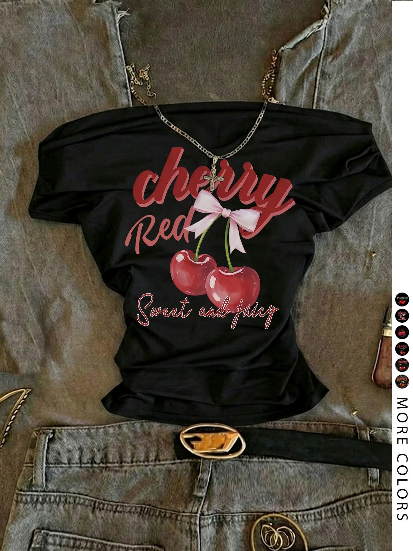 Women's One-Shoulder Cherry Pattern Slim Fit Short Sleeve T-Shirt, Summer Y2K Retro Style, Cute & Sexy Music Festival Top, Fashion