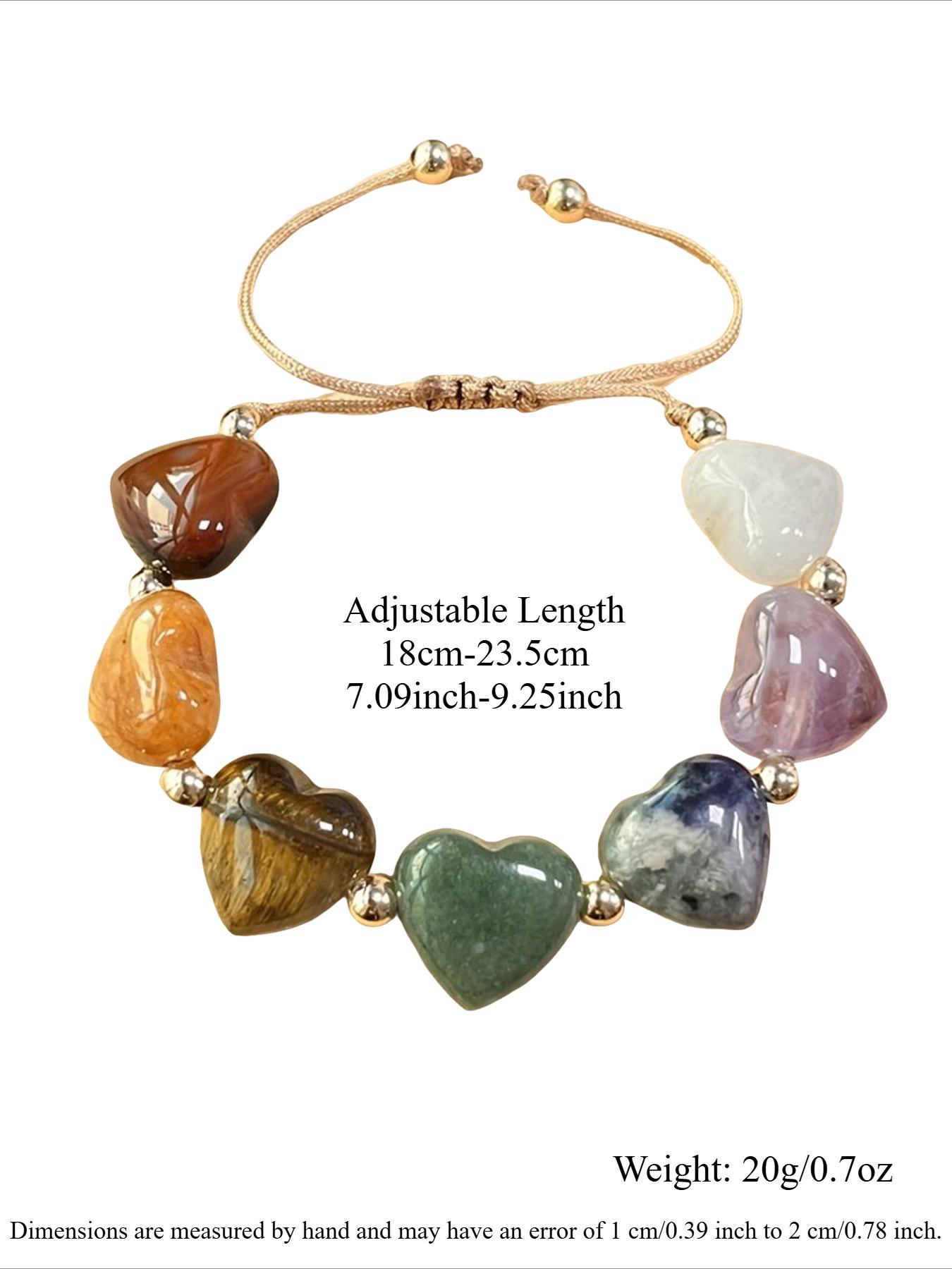 Bohemian Casual Seven-Color Heart Stone Beaded Adjustable Bracelet, Vintage Unisex Yoga Bracelet for Daily Wear