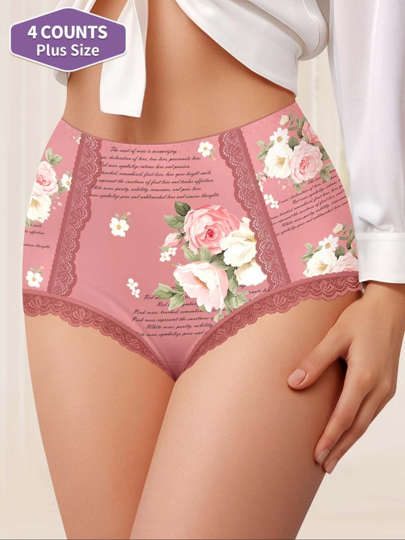 【Plus Size】 Floral Print Panty, Breathable Comfy High Waist Knicker for Daily Wear, Women's Underwear for All Seasons