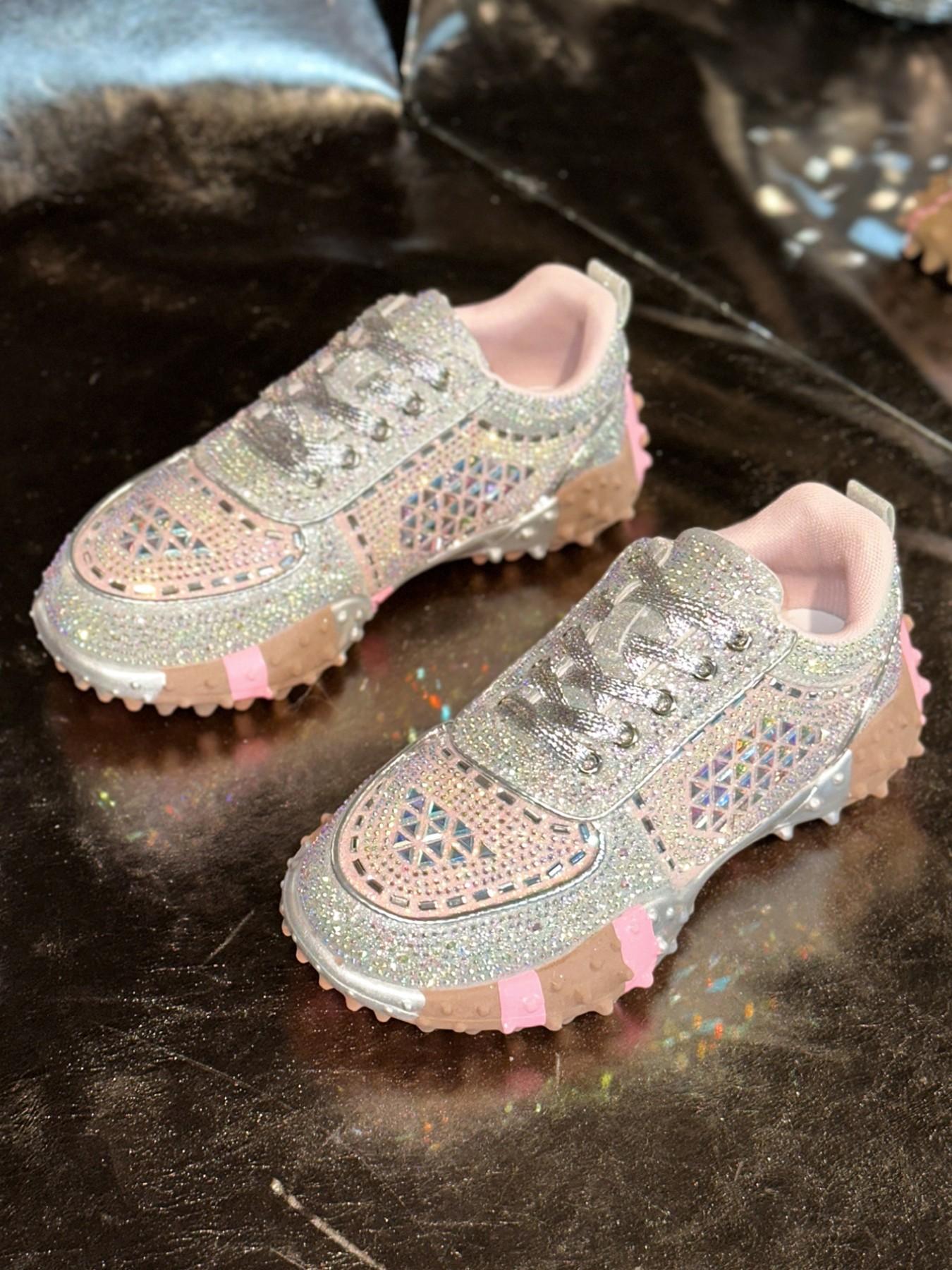 Silver Color Gradient Full Rhinestone Shoes, Diamond Cut Water Drills, 3D Flashing Pieces, Disco Reflective Effect, Thick Sole, Sweet Cool Style