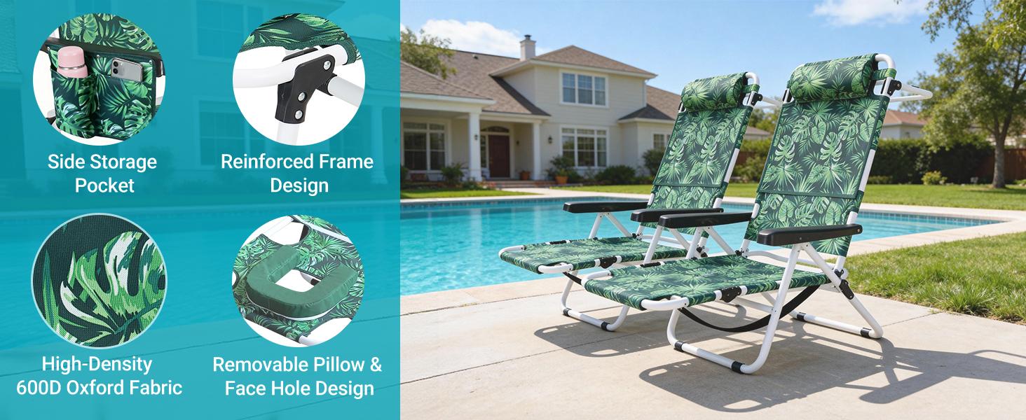 SLSY Portable Folding Beach Chair, Tanning Chair with Face Hole,5-Position Adjustable Reclining Beach Lounge Chair, for Beach, Poolside, Patio, Lawn, Home