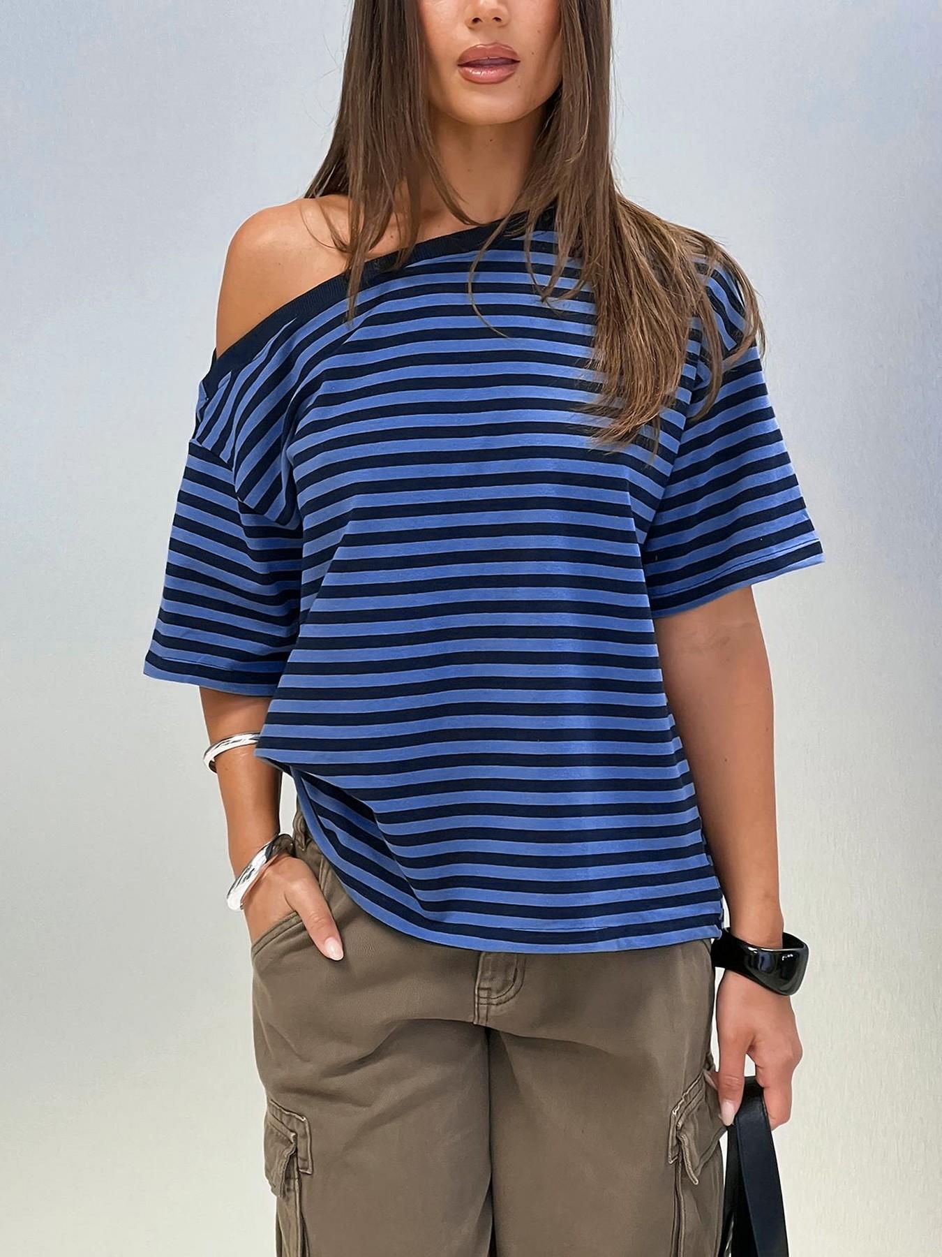 Women's Striped Off-Shoulder T-Shirt, Lightweight Casual Loose Fit Top, Comfortable Daily Wear, Trendy Summer Fashion