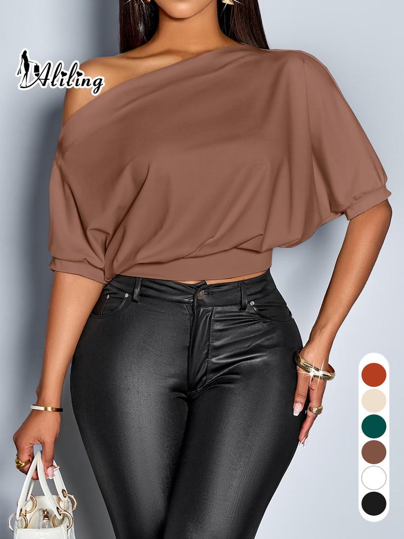 Aliling Elegant Casual Women's Plain Short Sleeve High Waist Fitted T-Shirt, Stylish All Seasons Fashion Top, Slanted Neck Design