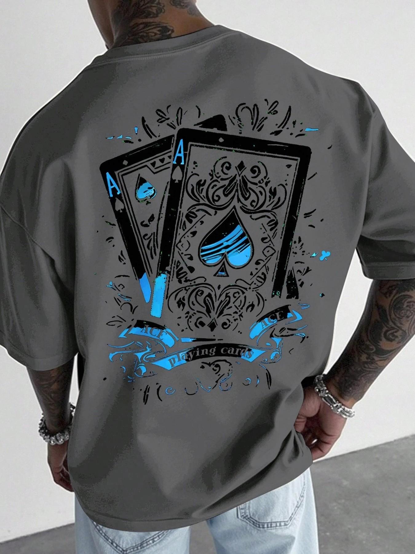 Men's Casual Short-Sleeve T-Shirt, Long Vintage Street Style Ace of Spades Playing Card Print, Loose and Versatile Top, Suitable for Hip-Hop Fashion, Streetwear and Daily Wear