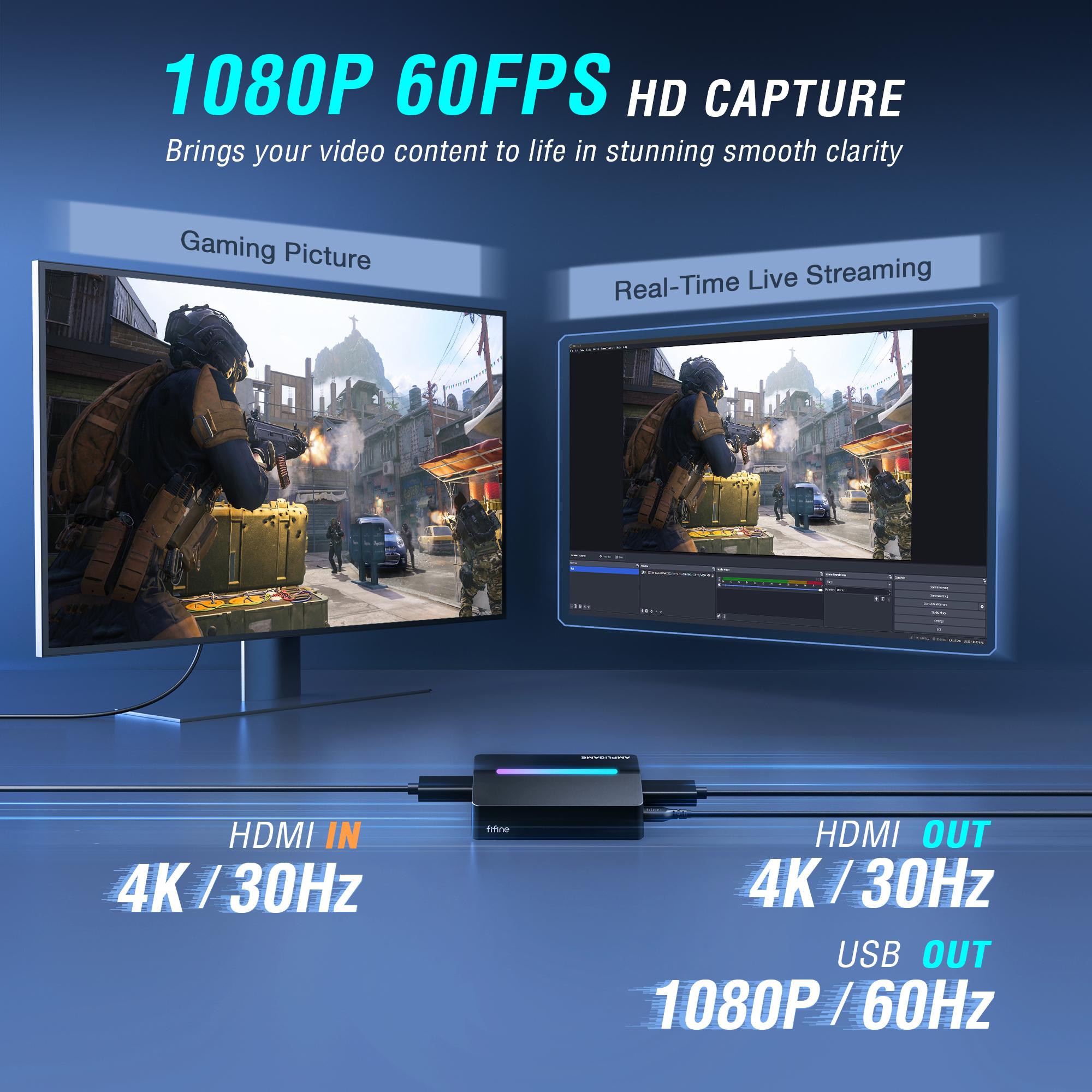 FIFINE AmpliGame Video Capture Card, HD 1080 60fps for Audio Video, Gaming, Live Streaming, HDMI to USB Capture Card Compatible with PS4/Windows/Mac OS/Switch/Xbox, - Ampligame V3