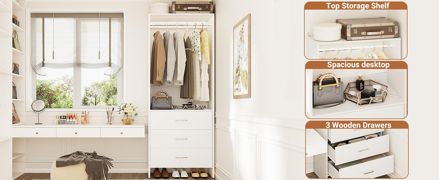 24" Wood Wardrobe with 3 Drawers, 600lb Capacity Freestanding Wardrobe Organizer, Anti-Tip Kit Included, for Bedroom Storage, in White/Black/White Oak/Grey