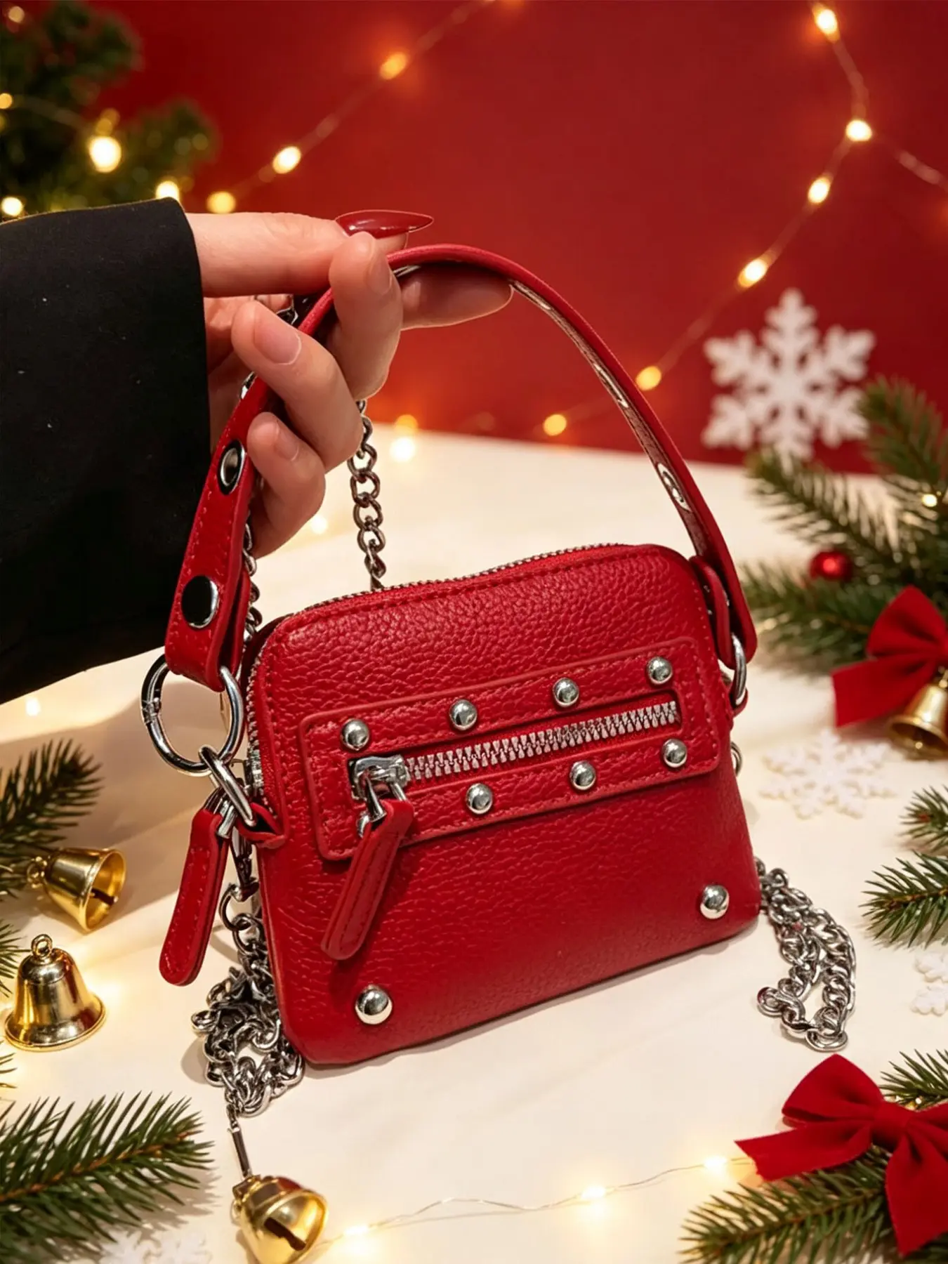 Fashion Halloween Women's Rivet Chain Handbag, Punk Motorcycle Crossbody Bag, Christmas Street Style Mini Bag, Vintage Y2K Lipstick Case