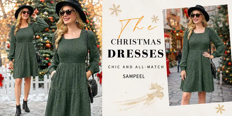 WIHOLL Womens Square Neck Long Sleeve Fall Dresses Casual Babydoll Sweater Dress