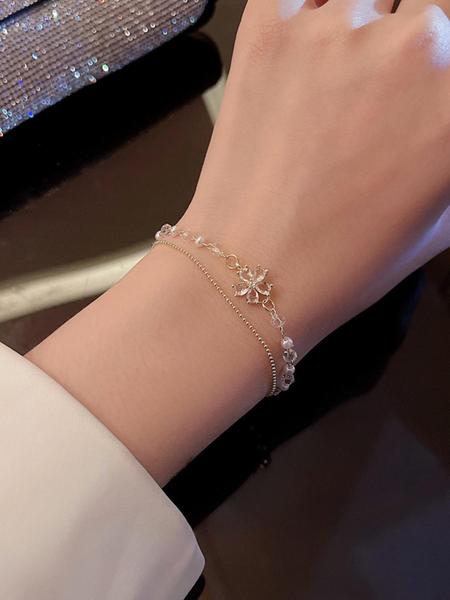 Women's Elegant Faux Pearl & Artificial Crystal Decorated Flower Design Layered Bracelet, Exquisite Trendy Bracelet, Fashionable Jewelry for Women As Gift