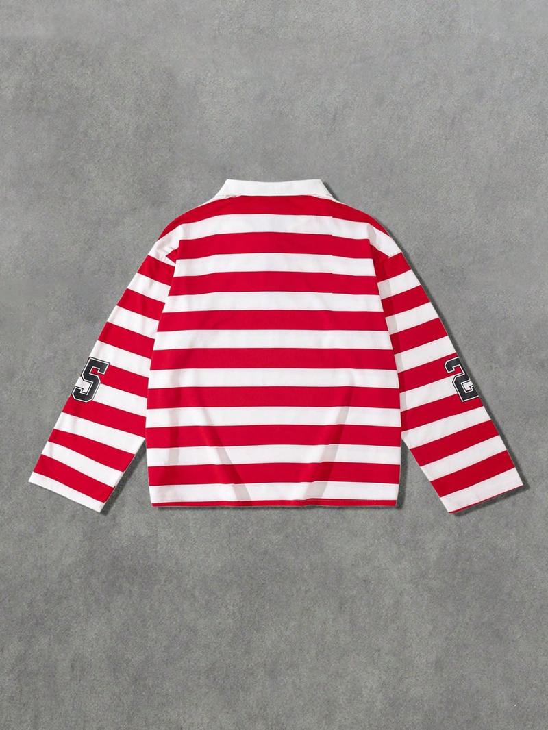 REBEL printed red and white striped polo long sleeved men's T-shirt, striped polo collar long sleeved shirt, European and American street life unisex long T-shirt ins style