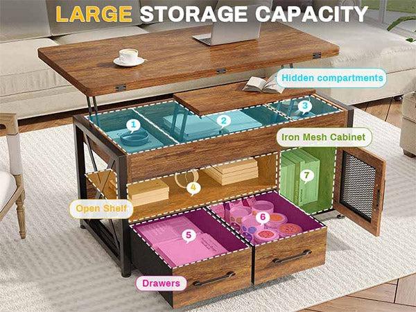 Sikaic 40 Inches 4 In 1 Lift Top Coffee Table With Storage Cabinet 2 Fabric Drawers & LED Light For Dining Room Livingroom Furniture Luxury Modern Interior