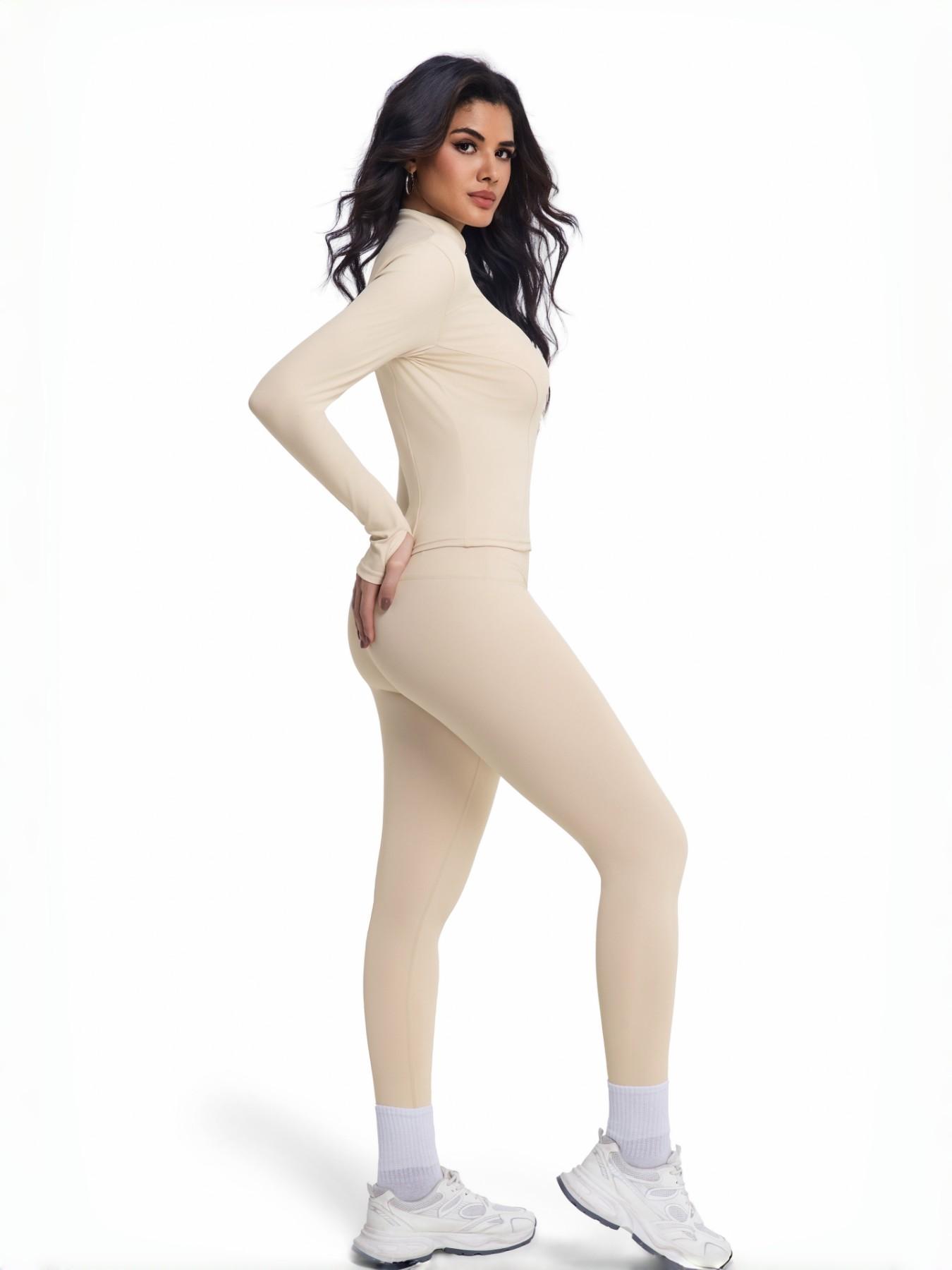 Women's Two-Piece Sport Set, Long Sleeve Zipper Yoga Jacket & High-Waist Tight Pants, Slim Fit, Fall Winter, Gym Running Fitness