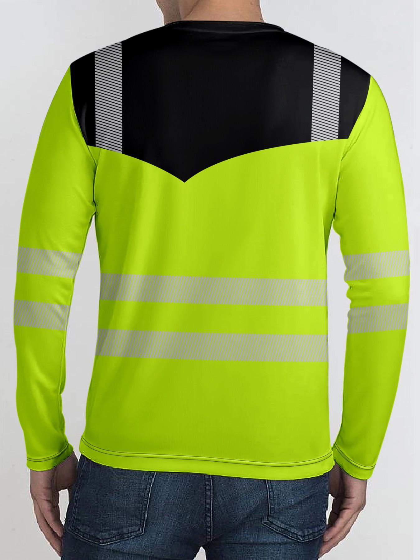 Men's Sport Long Sleeve T-Shirt, High Performance Activewear, Athletic Activewear, Fluorescent Color Patchwork Quick-Dry Top, Fashion Fitted Short Length, Athletic Sports Clothing, Spring & Fall Wear, Sports Tops