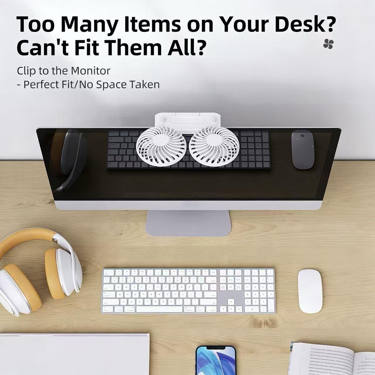 Desktop fan, monitor fan clip with 2 fan heads,3gear wind speed, office desk fan, USB powered cooling fan, quiet breeze, portable fan that does not take up space, suitable for laptops, games, homes, conferences, desktop computers