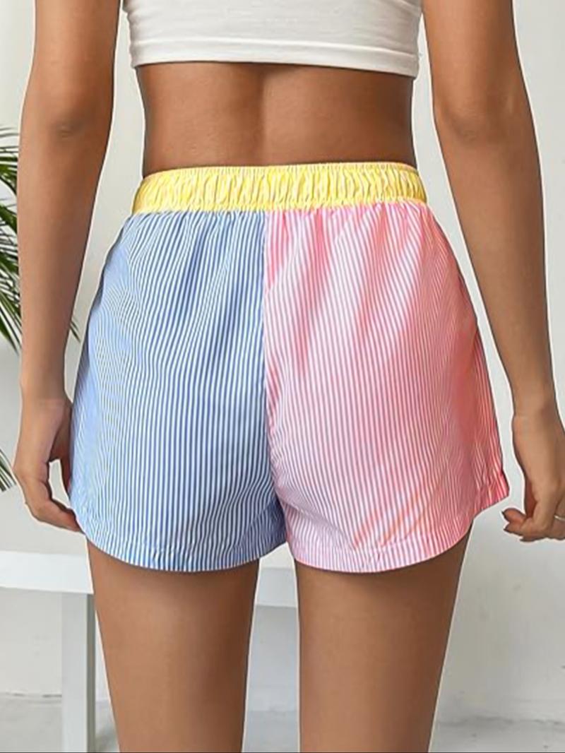 Women's Patchwork & Striped Print Elastic Waist Shorts, Casual Letter Patched Shorts, Women's Bottoms for Daily Wear