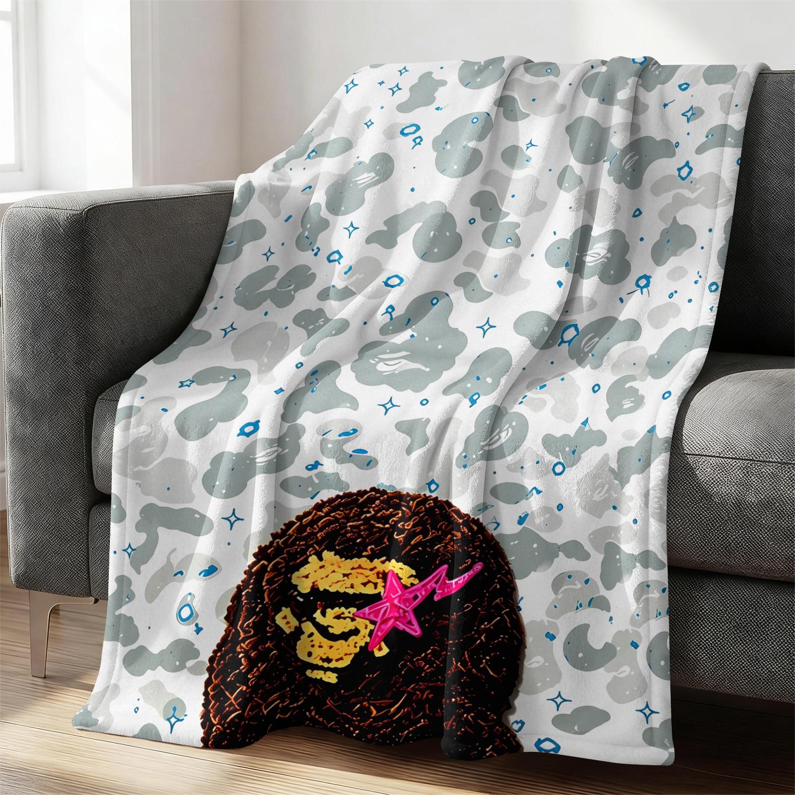 All Season Flannel Blanket, Purple Camouflage Street Cartoon Graphic Fleece Throw Blanket, Monkey Head With Red Star Pattern Warm Nap Blanket, Portable Travel Home Decor Blanket