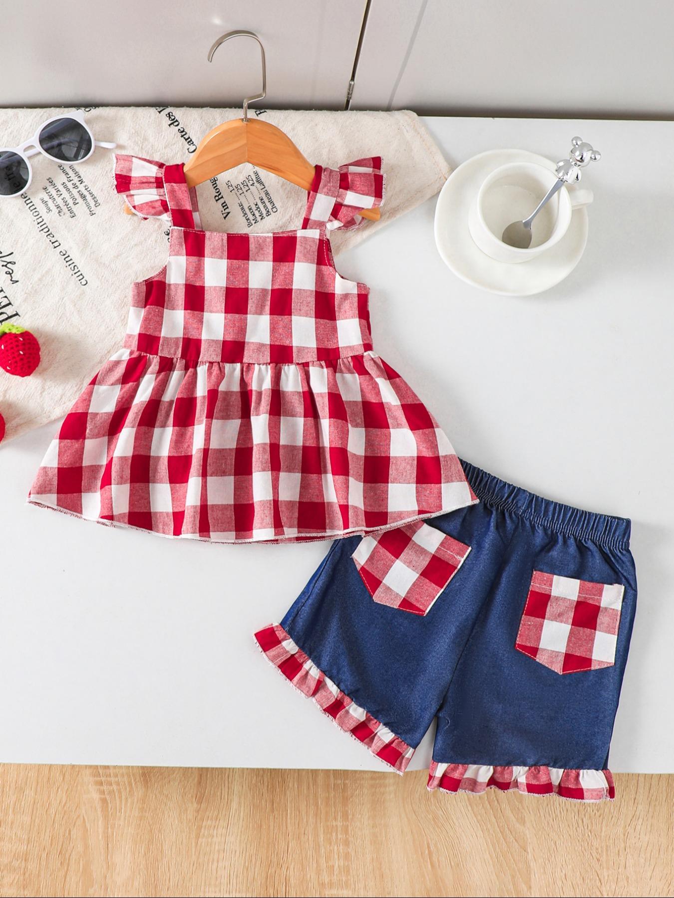 Baby Girl Vintage Plaid Bow Vest Set, baby clothing, Outfits, Fitted Denim Shorts, Summer, Comfortable Daily Wear, Perfect Gift