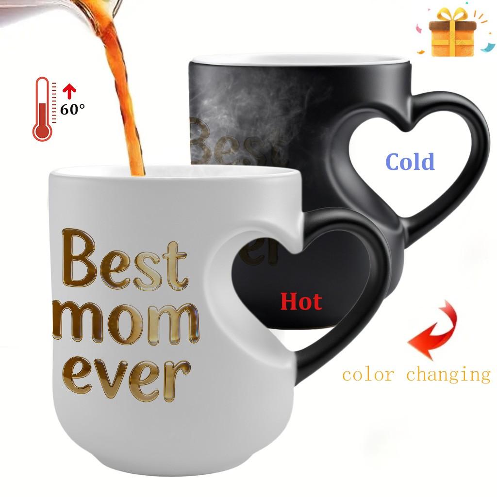 1pc Magical Color Changing Mug with Heart-Shaped Handle, Heated Gradient Coffee Mug With Best mom ever Gold Text Mug Collection Design, 11oz Unique Heart Design, Perfect Gift For Mother's Day, Idears Gift for Wife & Mom