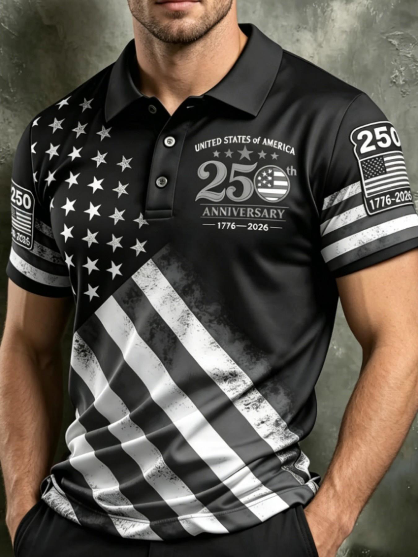 Men's 250th Anniversary American Flag Polo Shirt, Festive Patriotic Usa Flag Stars & Stripes, Slim-Fit Short Sleeve Golf Shirt, Casual Tops