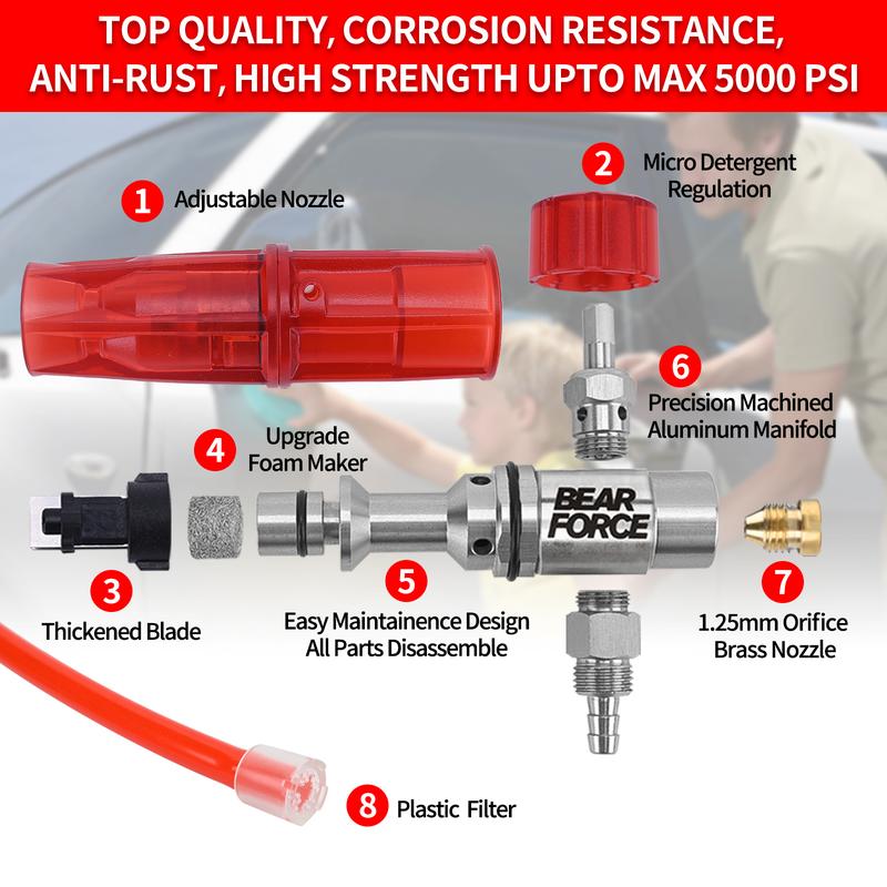 BEAR FORCE High Pressure Washer Foam Cannon Kit 3000PSI, FOR PRESSURE WASHER, Spray Gun Power Washer Short Handheld with M22 Inlet-14mm & Foam Cannon Foam Gun with 5 Nozzles Tips #035 & 3/8'' Quick Connector, Snow Foam Lance, 1 Liter, Car Washing