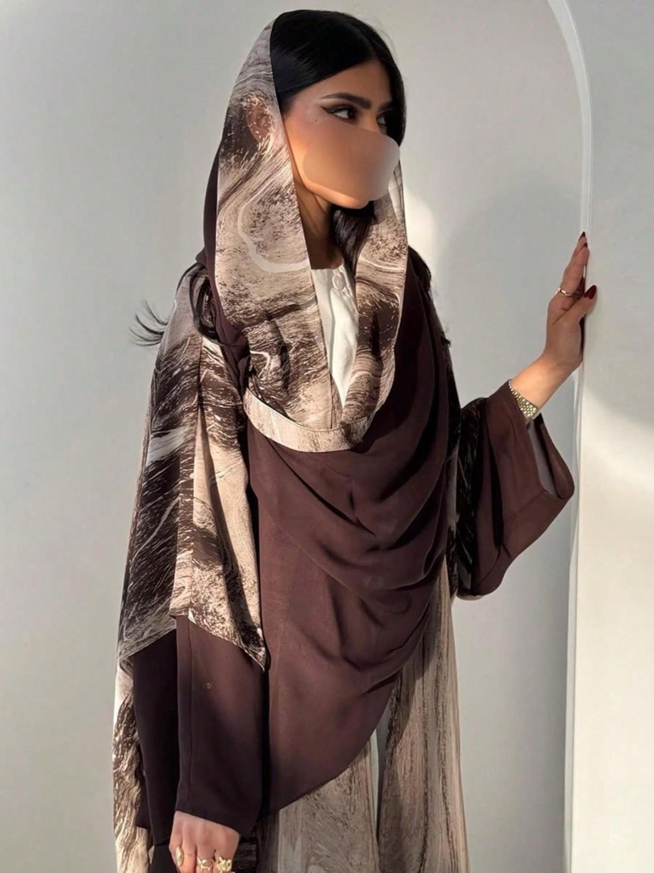 Hafizah Ink Texture Print Long Relaxed Fit Cardigan Scarf Set, Loose-Fitting Outerwear for Women, All-Seasons Plain Pattern, Comfortable Casual Style